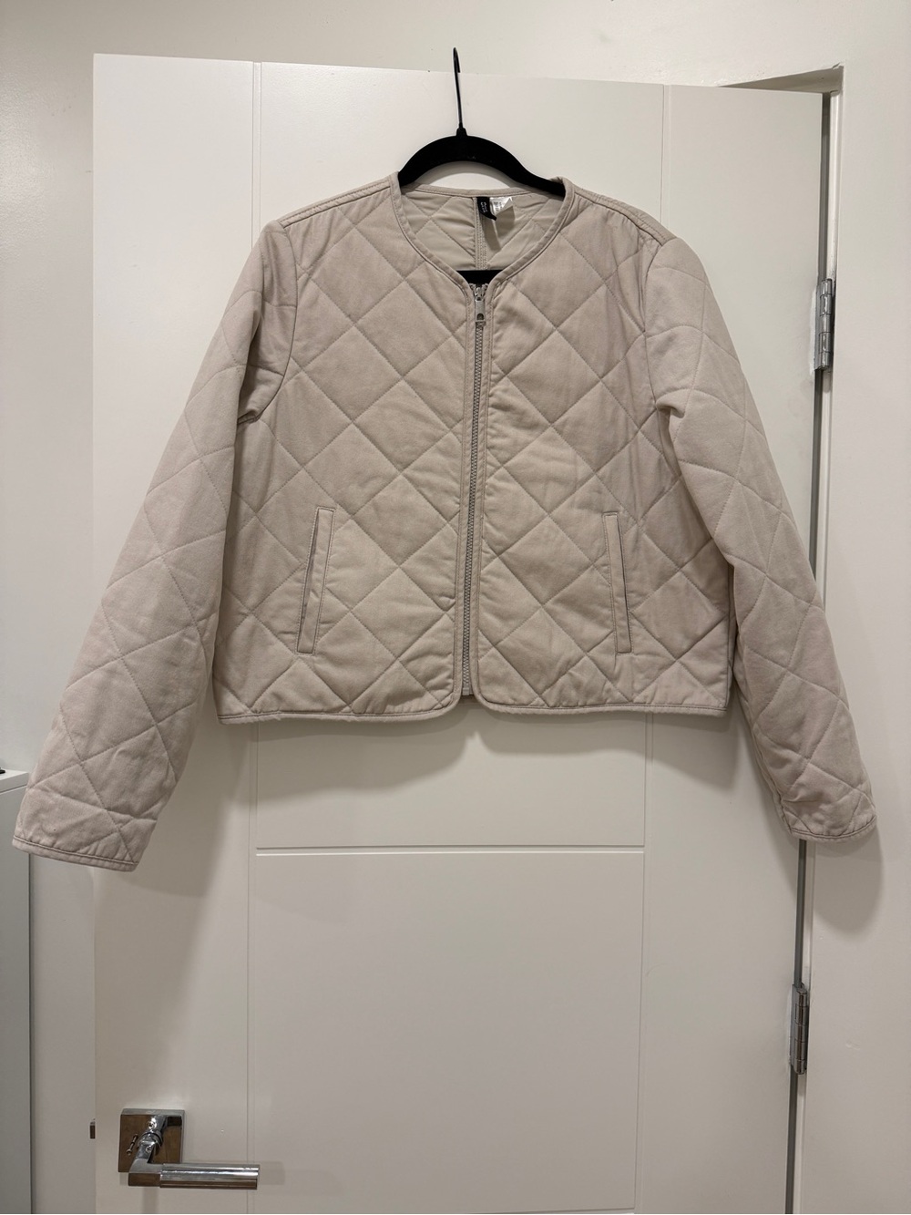 Quilted Collarless Crewneck Jacket in Light Beige